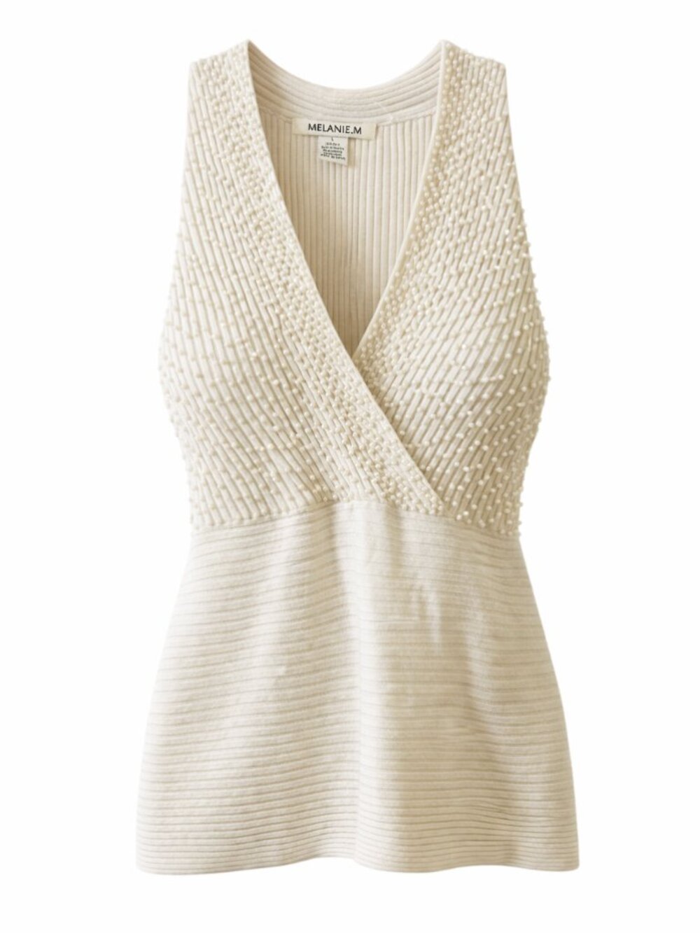 Melanie.M Cream Pearl Beaded Y2K Deep V Knit Top L